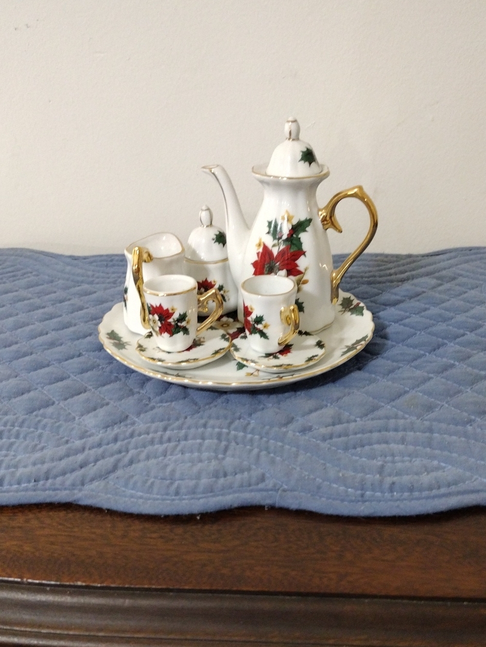 Porcelain Poinsettia Mini Tea Set with Gold Trim - White and Red